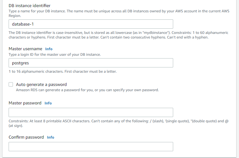 configuring RDS identifiers, usernames and passwords