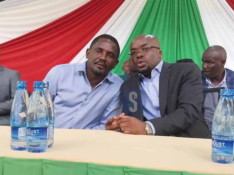 Interior PS Dr Raymond Omollo with Gem MP Elisha Odhiambo at a security meeting with Nyanza regional officials at the Jaramogi Oginga Oding University of Science and Technology (JOOUST).