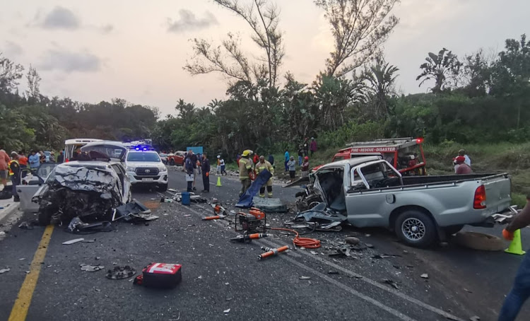 Six people were killed and five others were injured in a collision between two vehicles on the R61 in Port Edward on Monday afternoon.