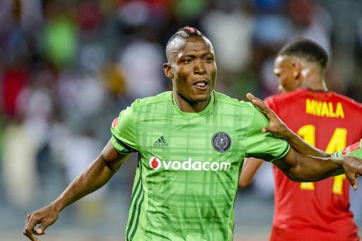 Tendai Ndoro of Orlando Pirates celebrates a goal during the Absa Premiership match between Orlando Pirates and Highlands Park at Orlando Stadium on December 03, 2016 in Johannesburg, South Africa.