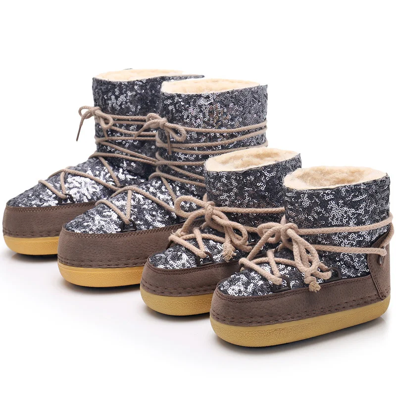 Bottes de neige pour enfants et femmes, doublées de polaire chaude d'hiver et à paillettes, idéales pour la neige et le froid.
