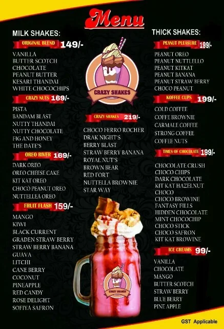 Crazy Shakes And More menu 