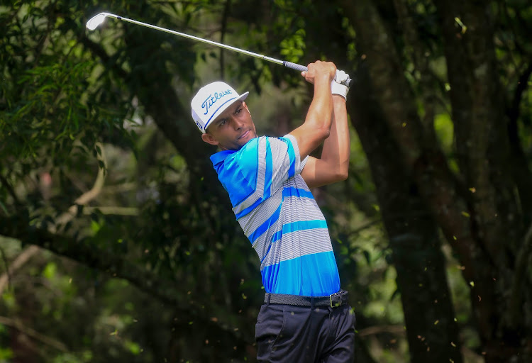 Muthaiga Golf Club's Greg Snow follows the flight of his shot on the first round of the Sigona Golf Club leg of the Safari Tour Golf Series. He is current joint leader alongside Thika's Simon Ngige going into the second round