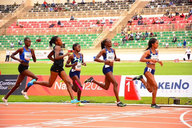 Ethiopian Halu Lemlem leads Winny Chebet (second) and Mercy Cherono (fourth) in the 1500m women's race at Kip Keino Classic at Nyayo Stadium on October 3, 2020