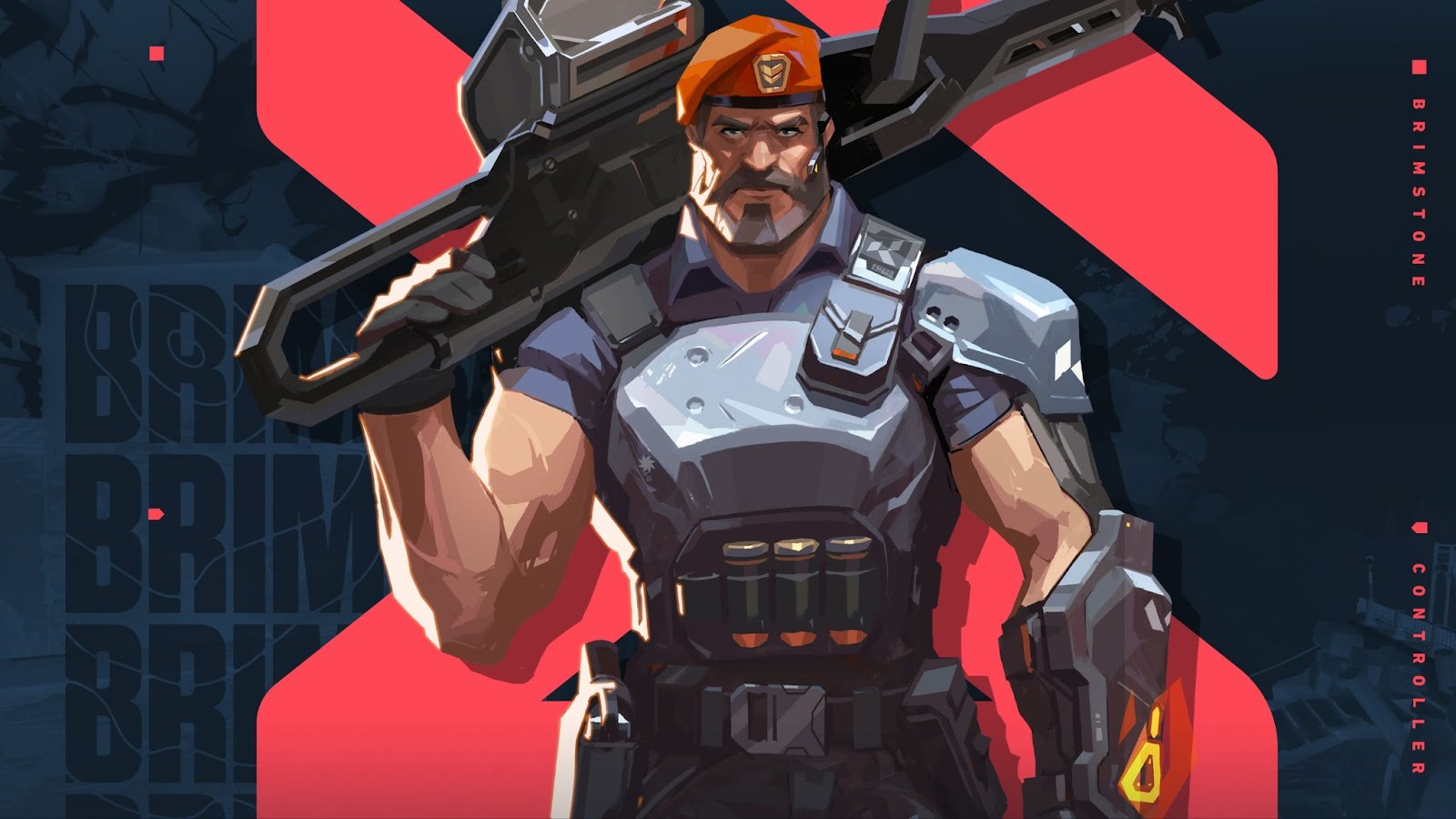 Brimstone, a soldier in VALORANT, wearing armor and wielding a heavy machine gun.