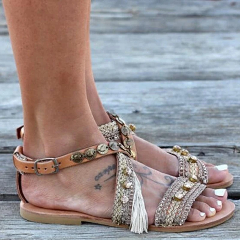 Platte retro Romeinse strandsandalen met open teen, comfortabele zomerschoenen voor dames, ideaal voor de stranddag.