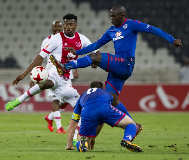 Issac Nhlapo of Ajax and Aubrey Modiba of Supersport United during the Absa Premiership match between SuperSport United and Ajax Cape Town at Mbombela Stadium on November 29, 2017 in Nelspruit, South Africa.