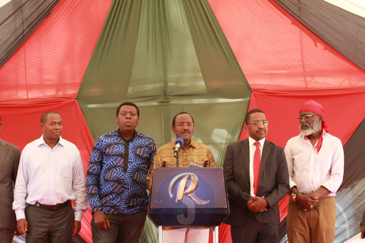 Azimio La Umoja Coalition leaders Led by Wiper Party leader Kalonzo Musyoka at a press briefing at Jaramogi Oginga Odinga Foundation on Thursday, February 22, 2024