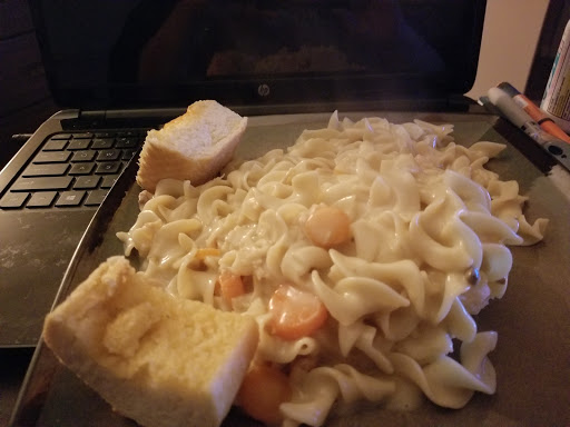 Chicken and Noodles over mashed potatoes 