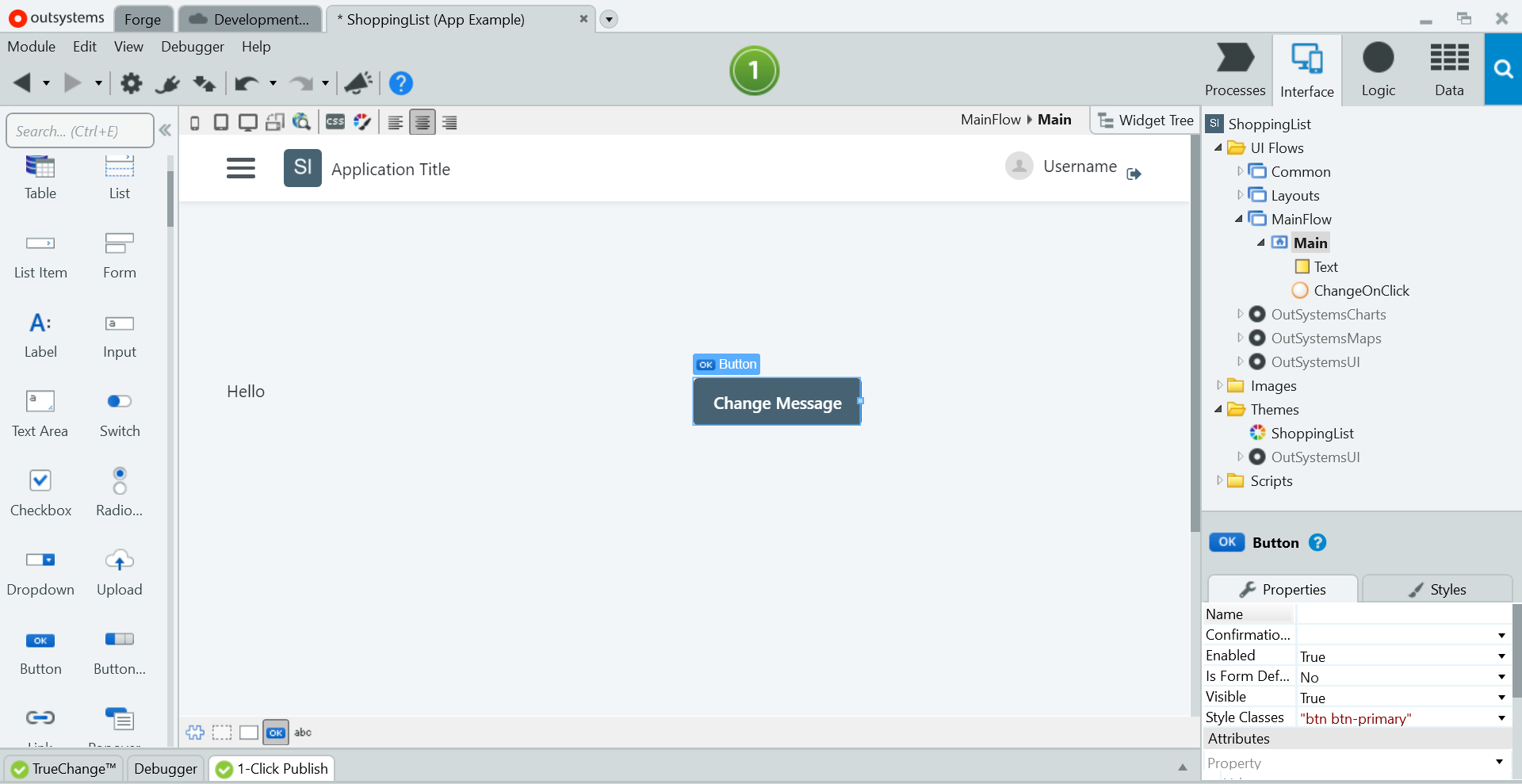 A screen showing the basic interface of OutSystems.