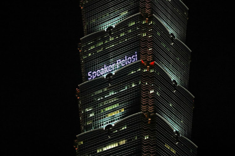 The Taipei 101 building lit up with a message reading "Speaker Pelosi" as a welcome sign for US house speaker Nancy Pelosi's visit in Taipei, Taiwan, on August 2 2022.