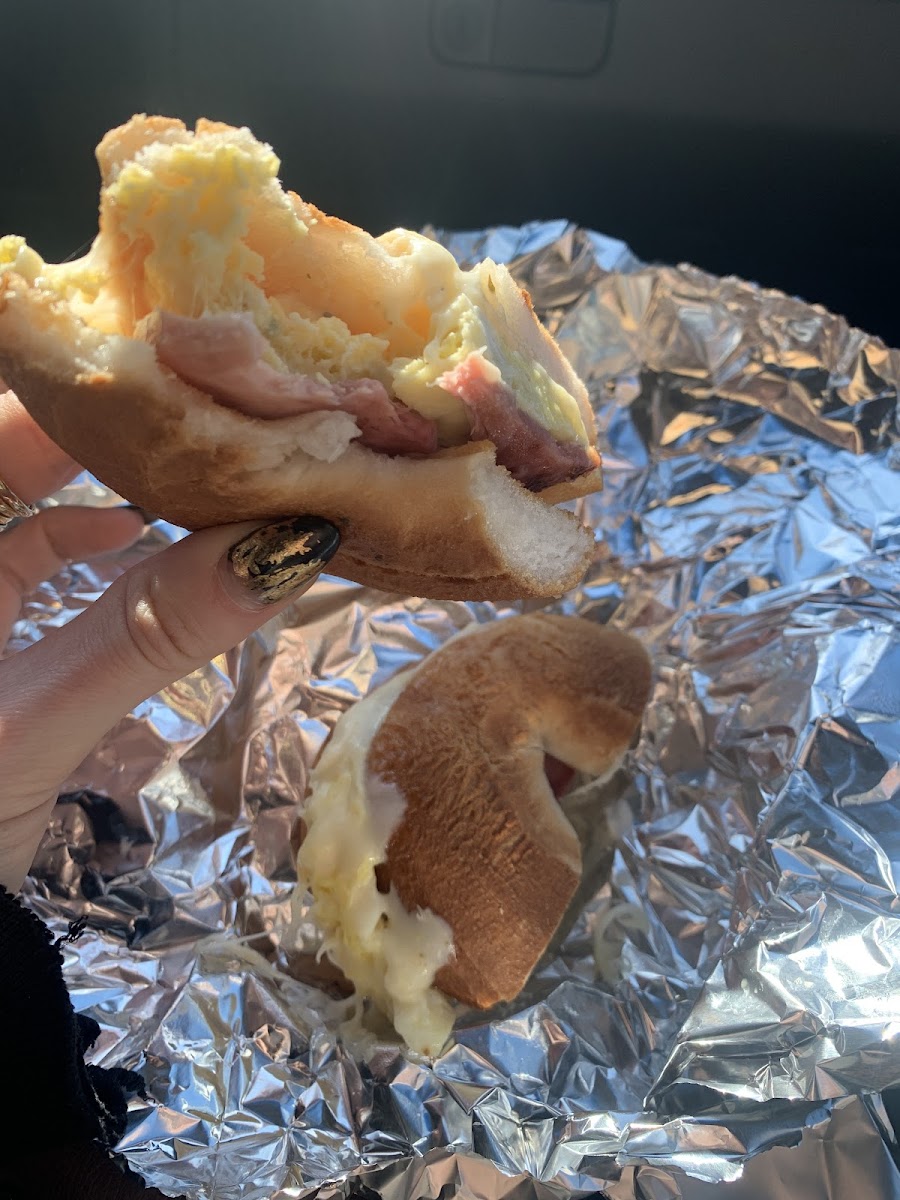 Gluten free ham, egg and swiss bagel