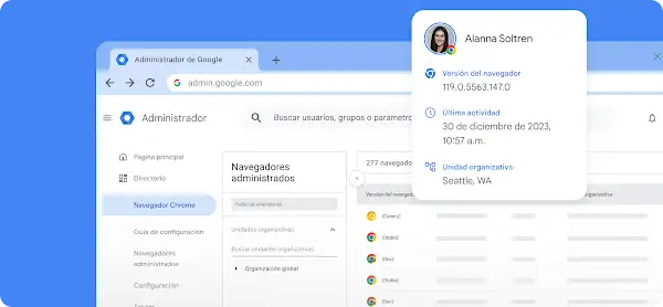 Ventana del Administrador de Google que muestra información en la pestaña del navegador Chrome