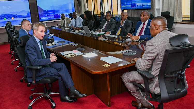 Cabinet Secretary for Information, Communications and the Digital Economy Eliud Owalo presiding over a formal meeting with UK Ambassador to Kenya Neil Wigan on May 20, 2024.