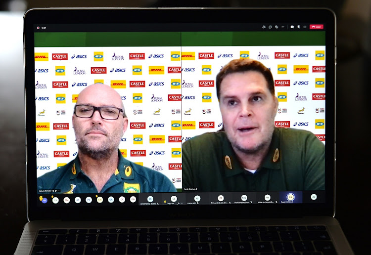 Springbok head coach Jacques Nienaber and Rassie Erasmus, SA Rugby director of rugby, during the Springbok virtual media briefing in Cape Town on May 28, 2021.