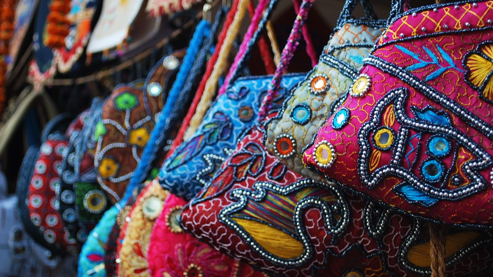 Pipili artwork, colorful bags, mirrorwork