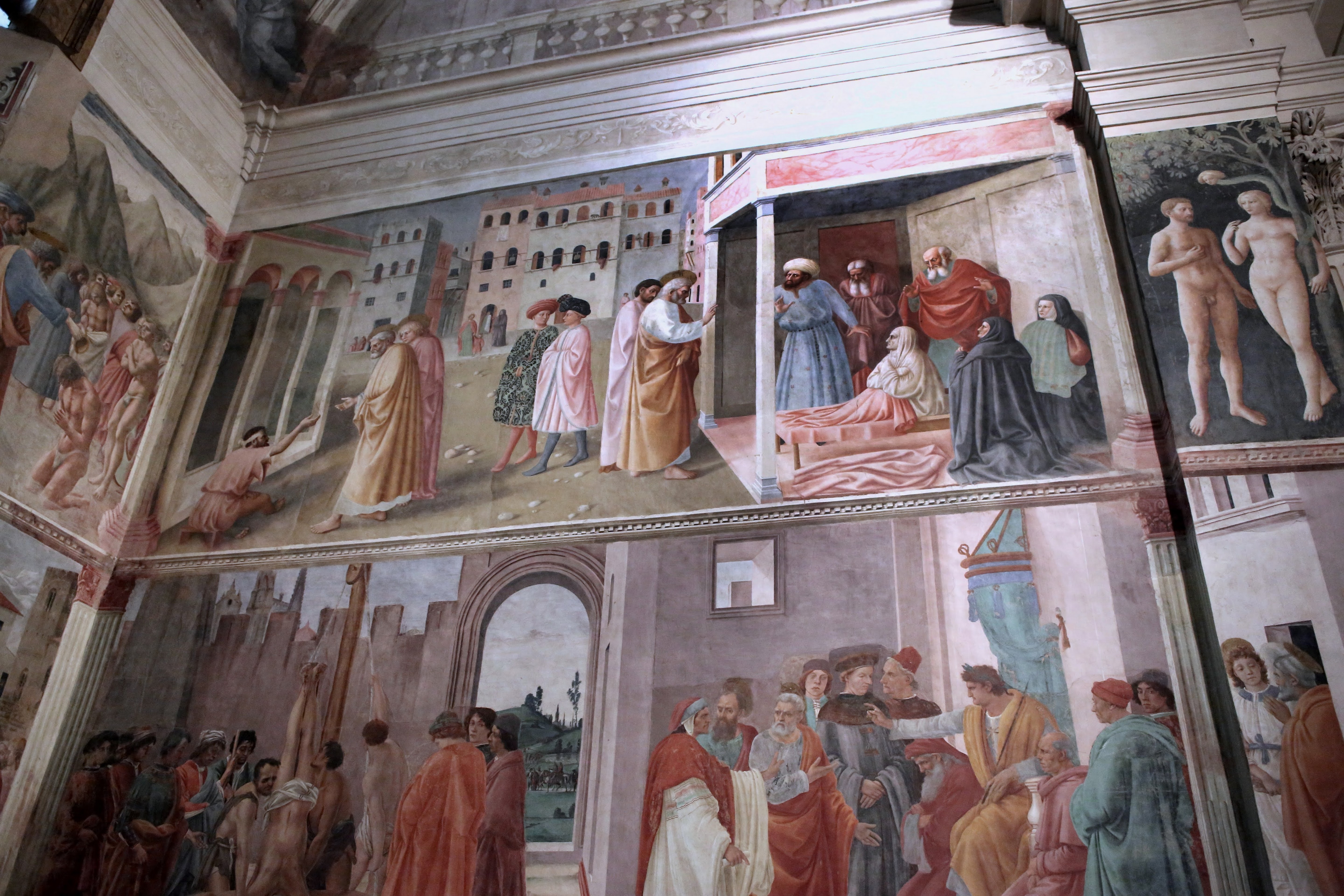 Masolino, Guarigione dello storpio e resurrezione di Tabita, affresco sulla parete destra della Cappella Brancacci, Santa Maria del Carmine, Firenze