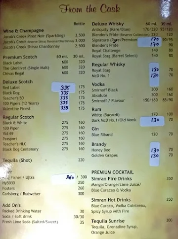 Heritage Lounge menu 