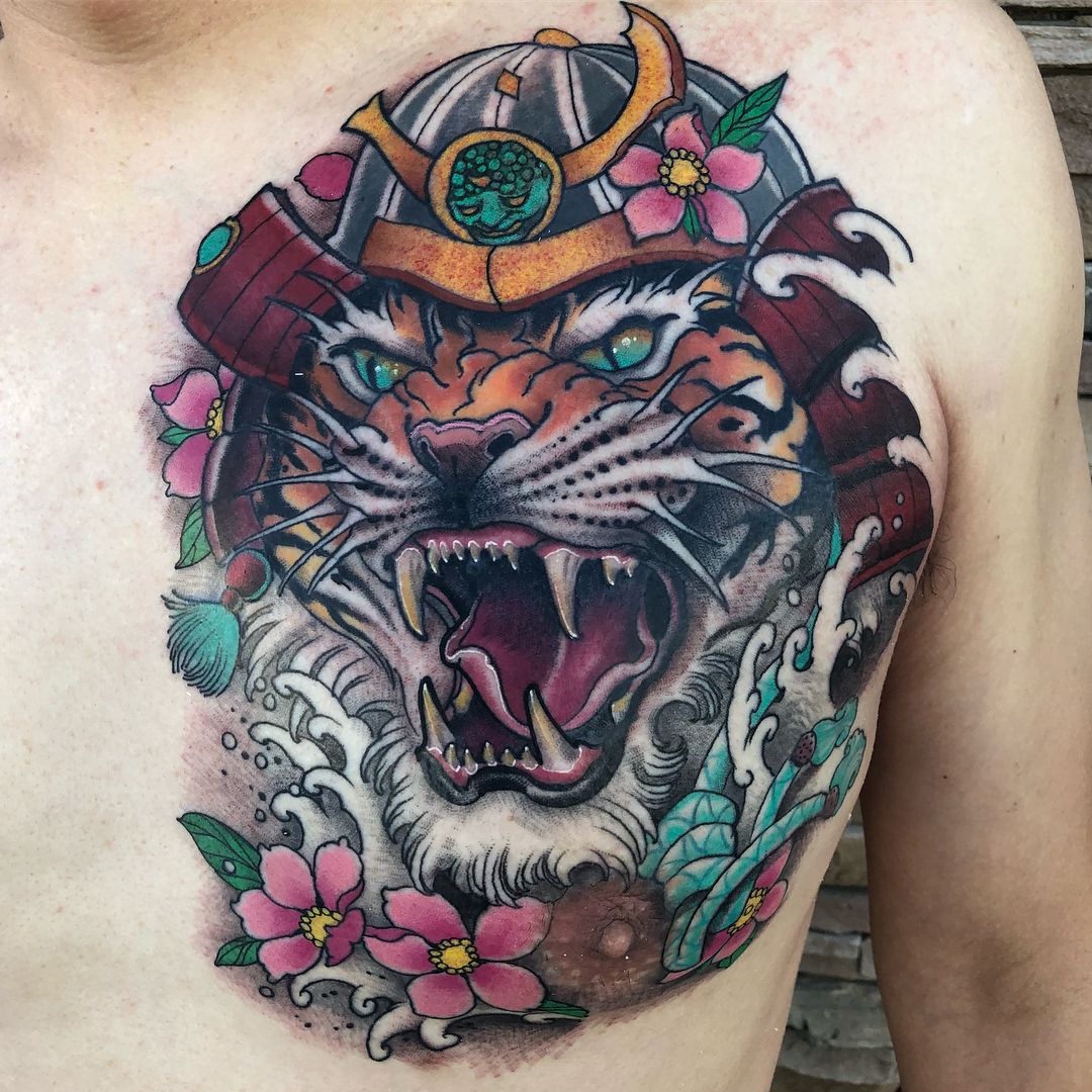 Japanese Samurai Tiger Chest Tattoo Design 