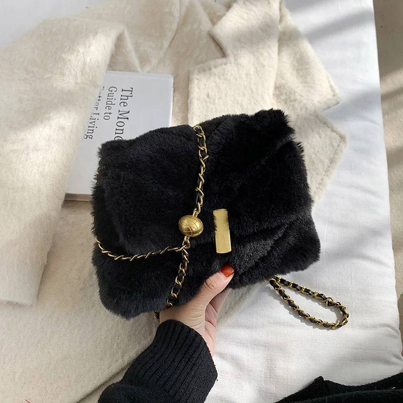 Modieuze crossbody tas met ketting, veelzijdig pluche, kleine vierkante tas in 