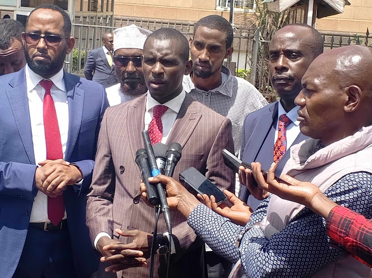 Lawyer Shadrack Wambui adddresses reporters on the abduction of Issack Ibrahim at the Supreme Court Building in Nairobi on Monday, May 14, 2024