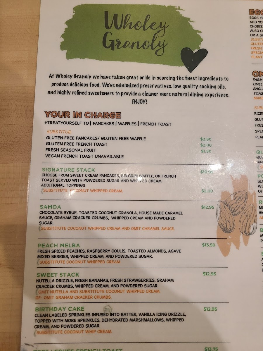 Wholey Granoly gluten-free menu