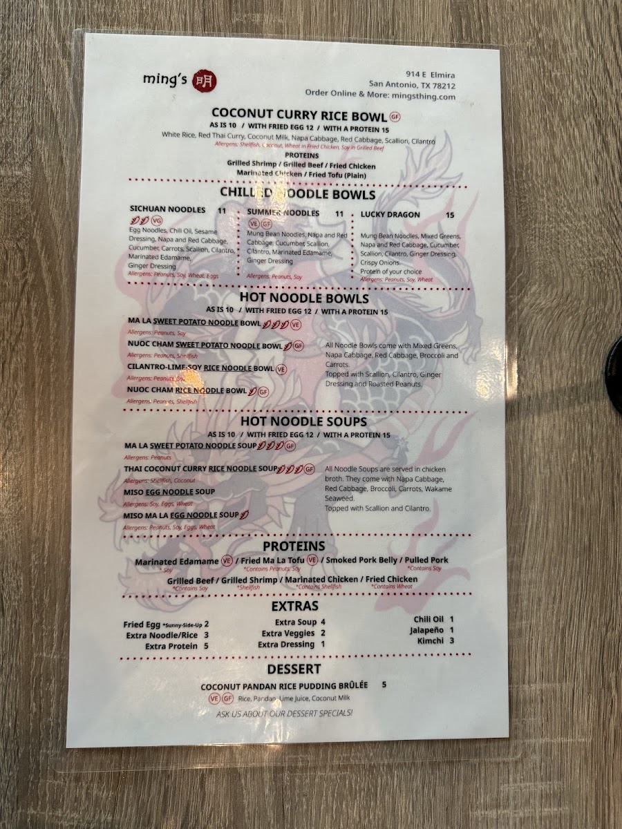 Ming's gluten-free menu