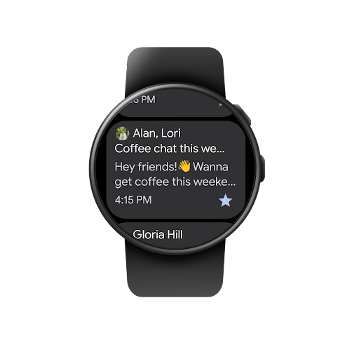 Iemand browst op een Wear OS-smartwatch door een Gmail-inbox, leest een e-mail en markeert die als favoriet.