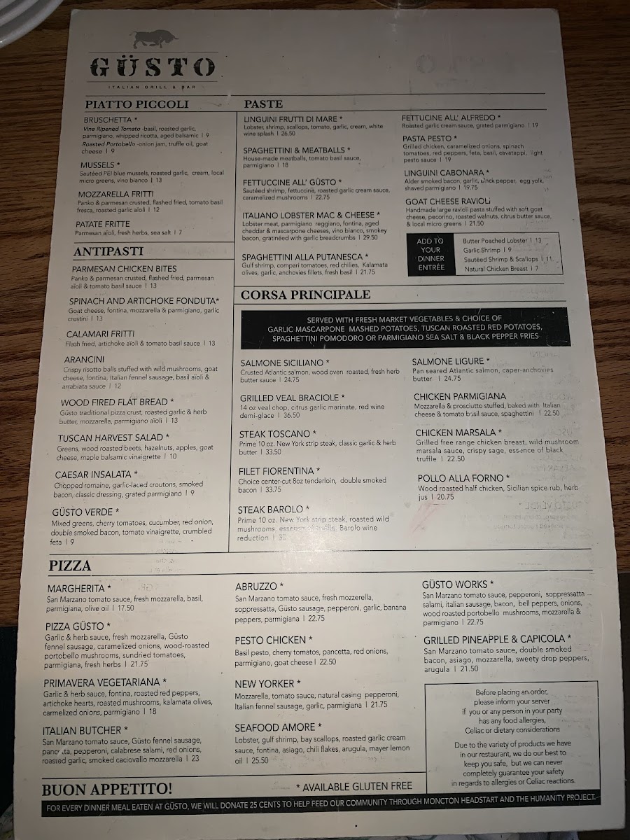 Gusto Italian Grill gluten-free menu