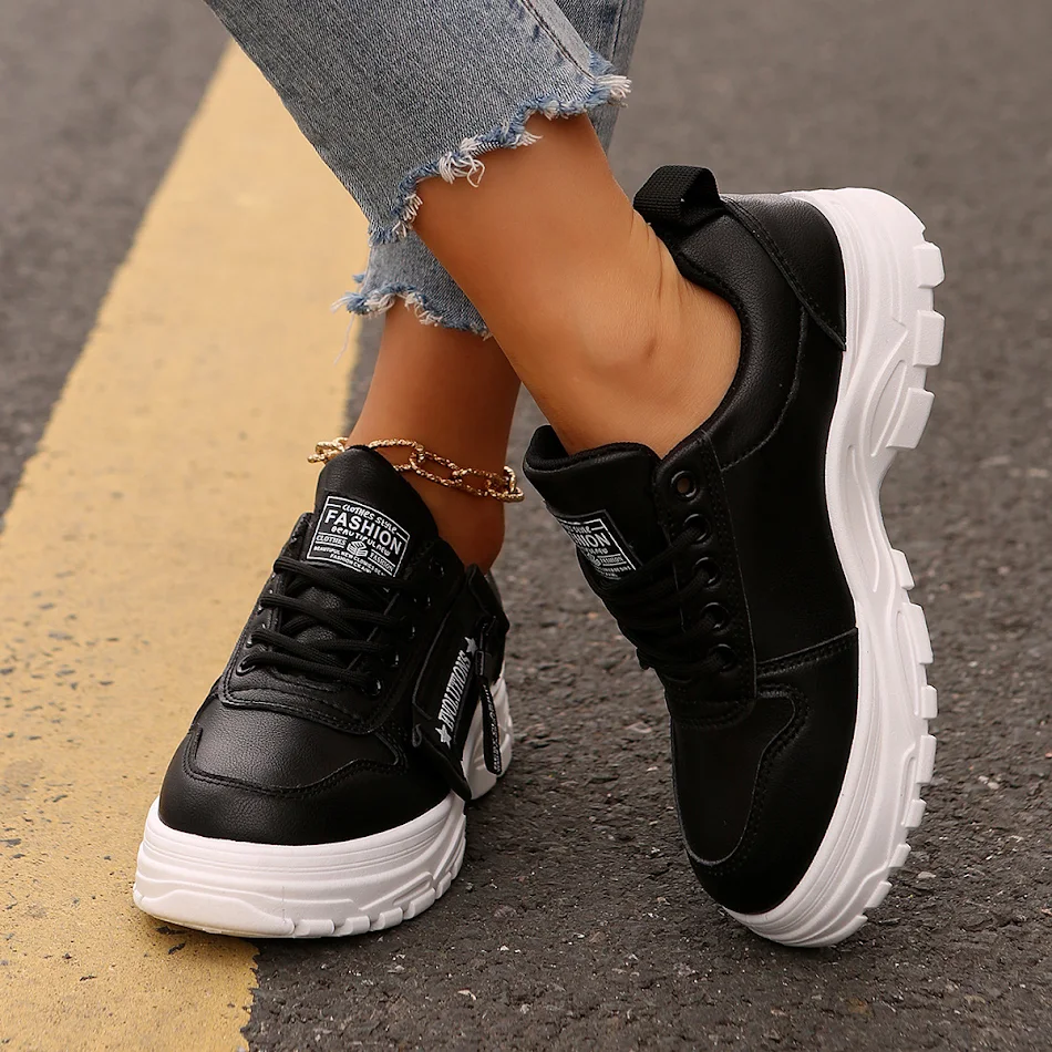 Baskets de sport à lacets avec fermeture éclair latérale pour femme, design mode, semelle épaisse, bout rond, chaussures décontractées