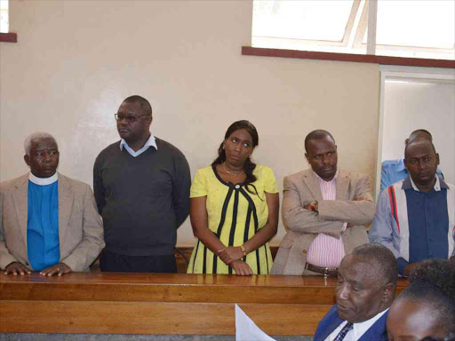 Former PCEA church moderator of the general assembly David Gathanju,James Muiruri, Esther Wanjiru, Peter Mwangi and Stephen Muhoro at a Kiambu court over the theft of Sh39.9 million, January 18, 2018. /Stanley Njenga