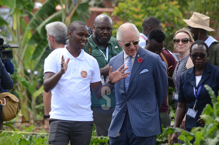 King Charles III together with prime minister Musalia Mudavadi makes a tour at City Shamba, an urban farming project at Mama Lucy Kibaki Hospital on Tuesday, October 31, 2023.