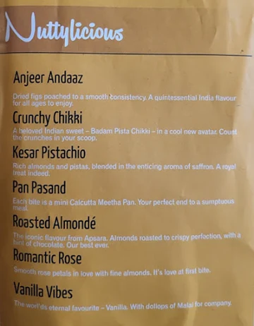 Apsara Ice Creams menu 