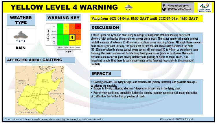 The SA Weather Service has issued a warning about disruptive rainfall.