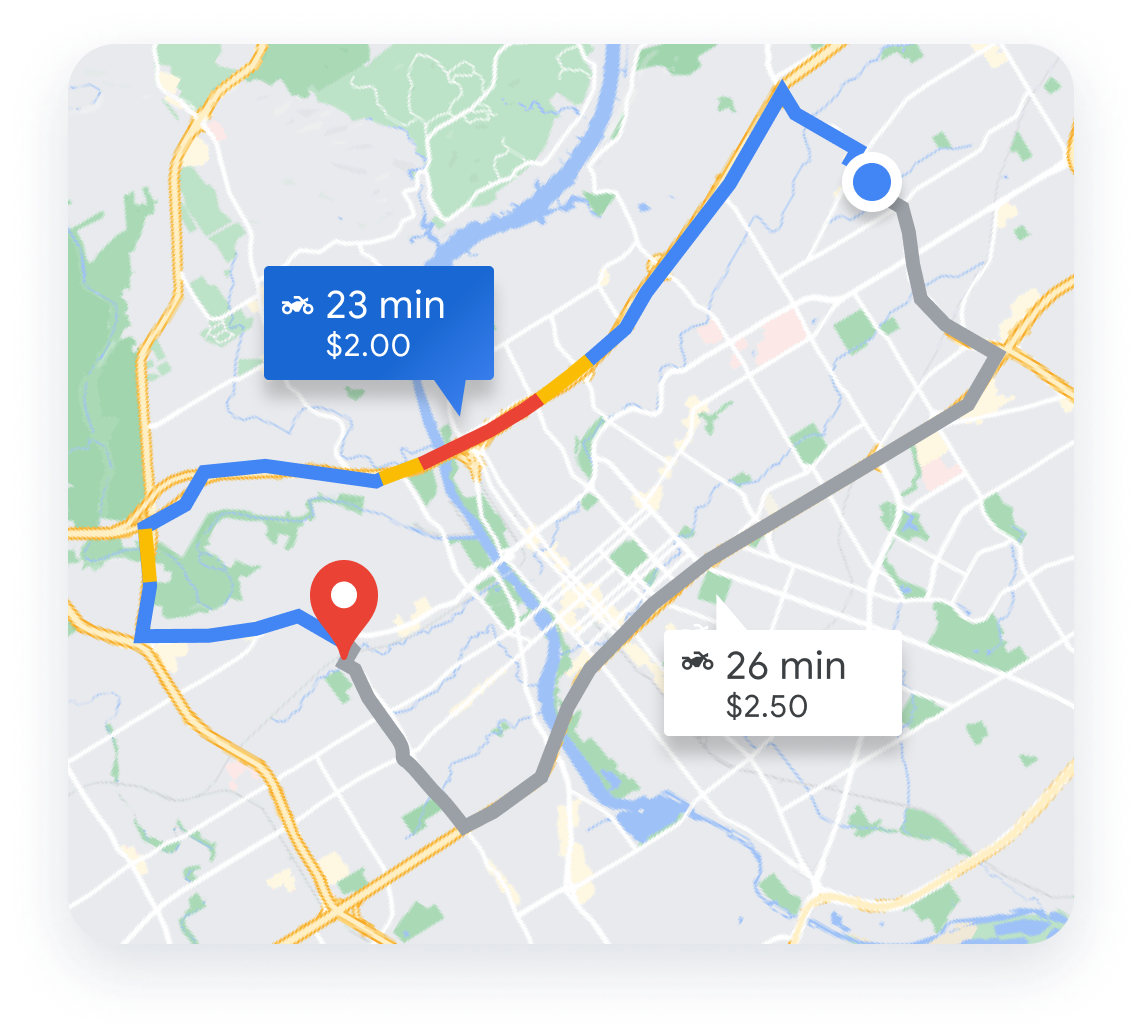 Carte montrant deux itinéraires vers la même destination