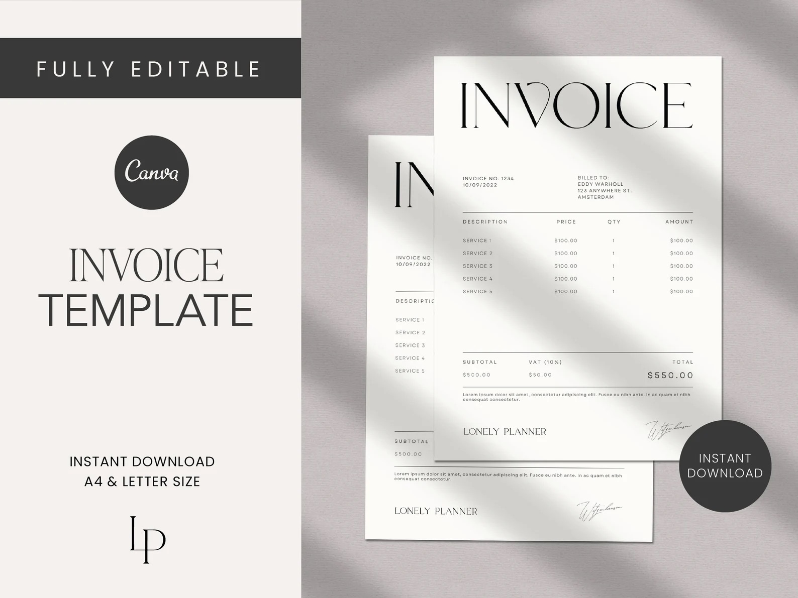 Minimal Black and Grey Canva Invoice Templates for Businesses | The Comma Mama Co.