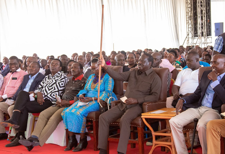 Azimio leader Raila Odinga with co-principals Martha Karua, Kalonzo Musyoka and Eugene Wamalwa in Kajiado during an interdenominational prayer service on October 22, 2023.