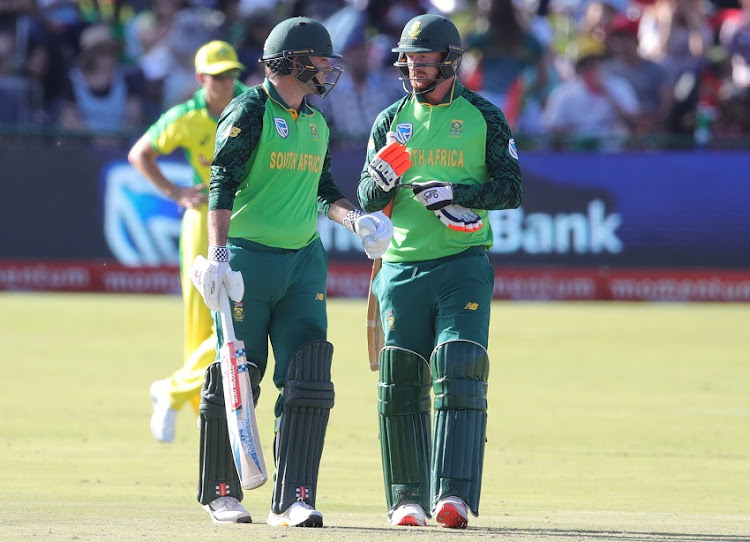 JJ Smuts and Heinrich Klaasen of South Africa during the 2020 Momentum One Day International Series match between South Africa v Australia at Senwes Park, Potchefstroom on 07 March 2020.