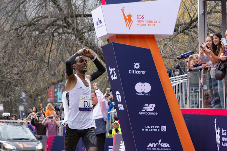 Tamirat Tola of Ethiopia crosses the finish line to win the NYC Marathon in New York, the US, November 5 2023. Picture: THOMAS SALUZ/USA TODAY SPORTS