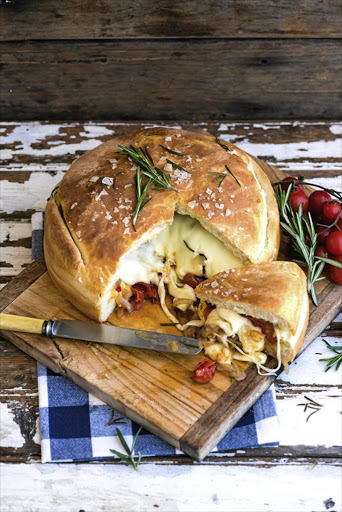 Gourmet stuffed picnic loaf.