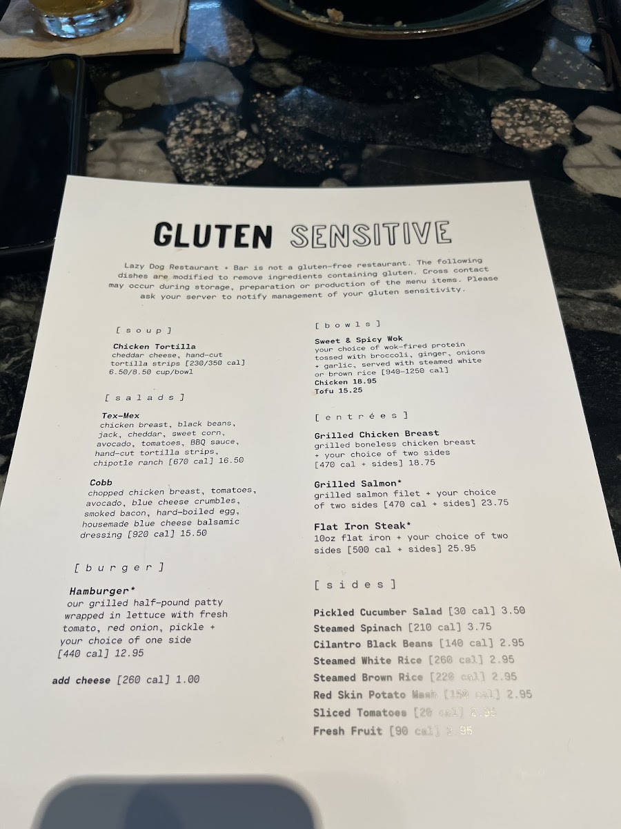 Lazy Dog Restaurant & Bar gluten-free menu