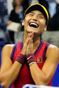 Emma Raducanu of Great Britain celebrates after her match against Maria Sakkari of Greece on day eleven of the 2021 U.S. Open tennis tournament.