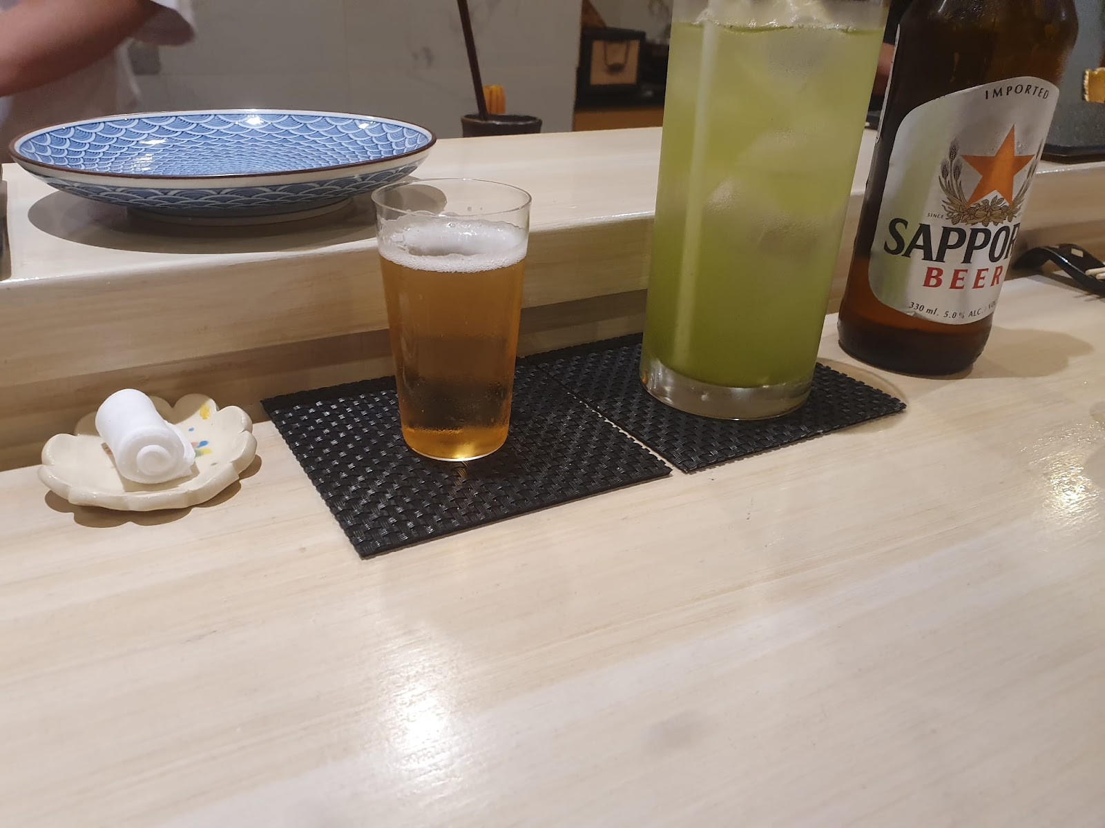 Sapporo beer with iced matcha drink