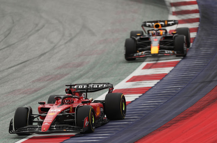 Charles Leclerc of Monaco driving the Ferrari SF-23 leads Max Verstappen of the Netherlands driving the Oracle Red Bull Racing RB19 on track in Spielberg, Austria, July 2 2023. Picture: PETER FOX/GETTY IMAGES