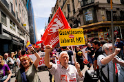 Demonstrators of Spain's leading trade unions CCOO and UGT march during May Day celebrations in Madrid, Spain May 1, 2019. 
