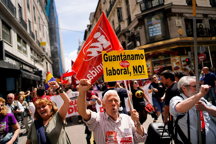 Demonstrators of Spain's leading trade unions CCOO and UGT march during May Day celebrations in Madrid, Spain May 1, 2019.