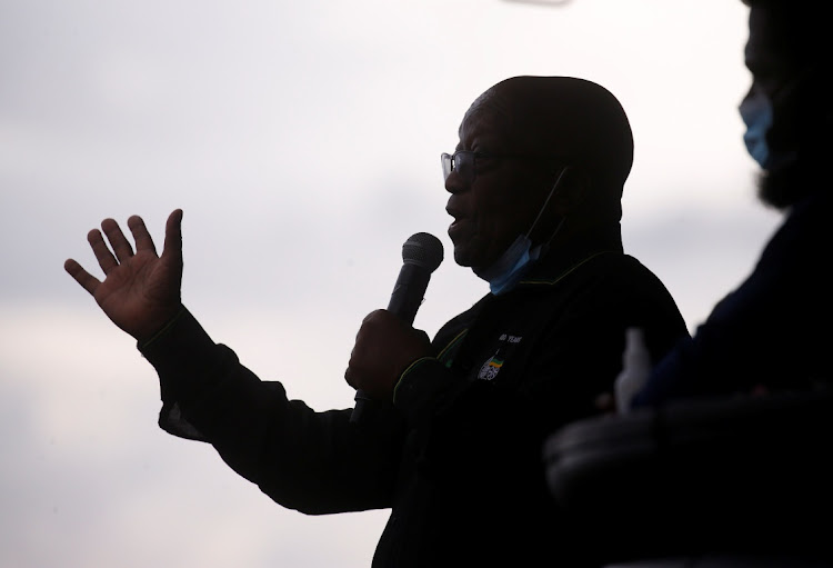 Former president Jacob Zuma speaks to supporters who gathered at his home in Nkandla on July 4 2021.