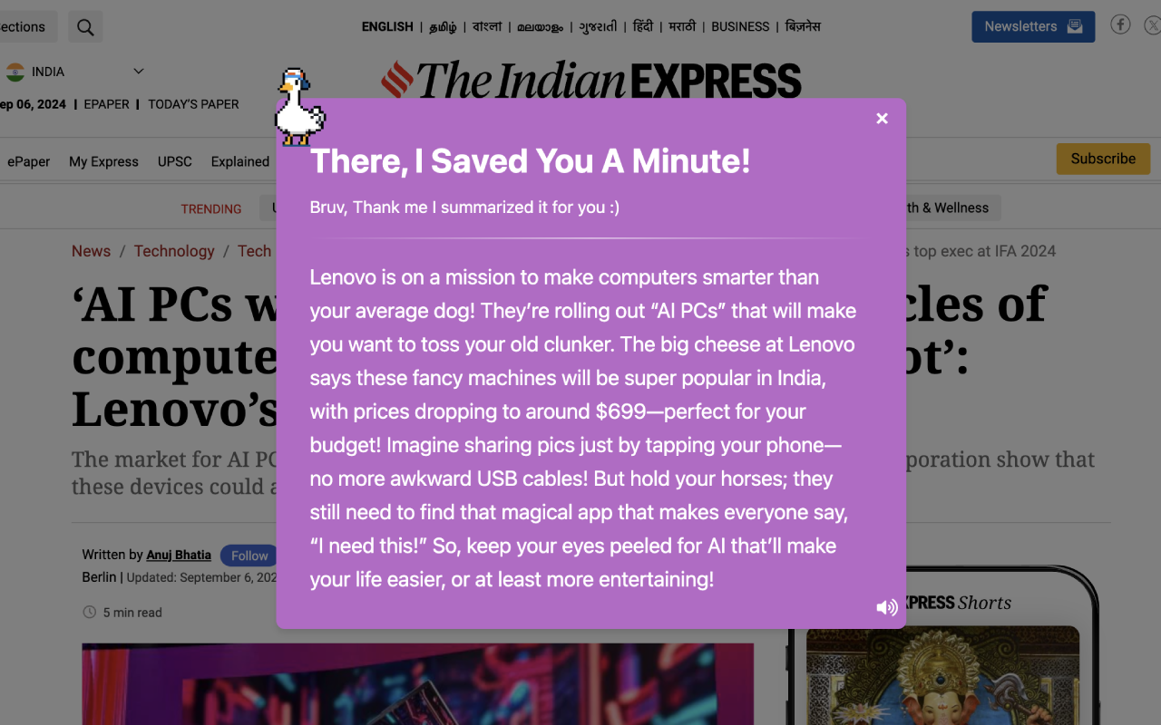 There, I Saved You A Minute! - AI Web Summarizer Chrome Extension Image 2