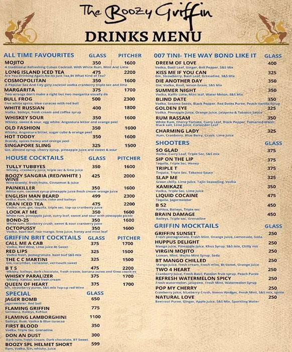 The Boozy Griffin menu 