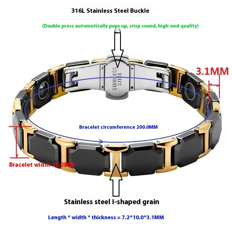Elegante pulsera octagonal cerámica negra, oro 18K y acero inoxidable. Beneficios magnéticos y titanio para la salud femenina. Joyería al por mayor.